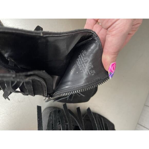 Carlos Women's Shoes Booties Leather Suede Black Fringed Chunky Heels Size 7.5 - Picture 6 of 6